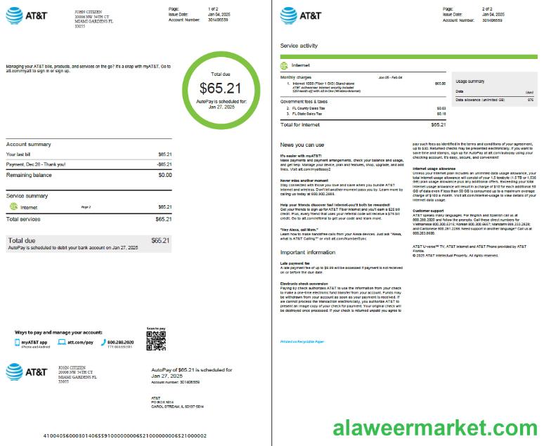 USA AT&T utility bill template in Word and PDF formats, 2 pages, version 2